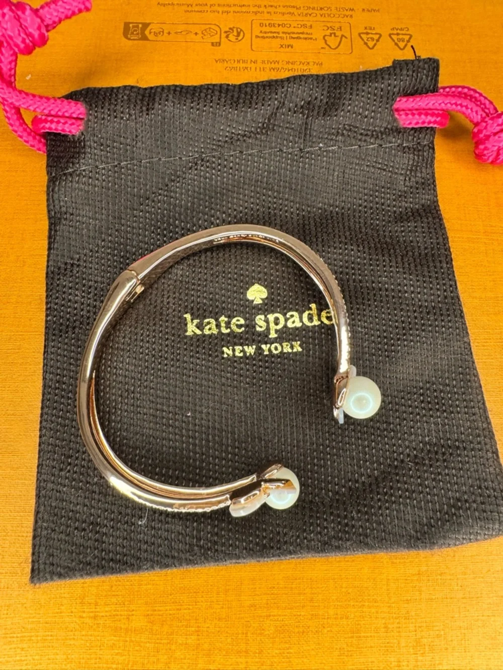 kate spade Rose Gold Floral Open Cuff Bracelet with White Pearl Accents - Picture 3 of 5